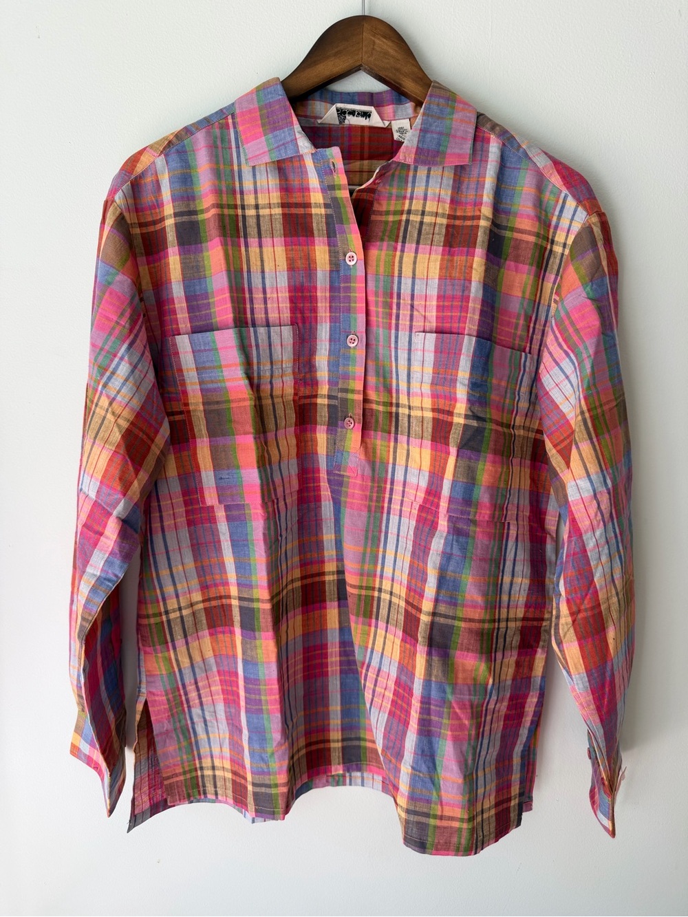 Vintage Colorful Plaid Button Pullover Shirt - Pink, Blue, Green, Orange